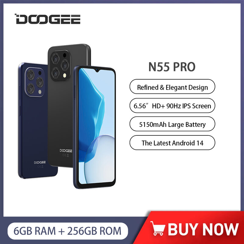 Смартфон глобальная версия DOOGEE N55 Pro, Android 14, 6,56 дюйма, Восьмиядерный, 6 ГБ + 256 ГБ, 5150 мАч, разблокировка по лицу, разблокировка распознаванием L1, 4G