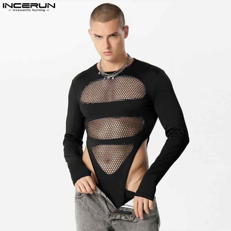 INCERUN Men Bodysuits Mesh Patchwork O-neck Long Sleeve Sexy Transparent Bodysuit Streetwear 2023 Fitness Fashion Male Rompers