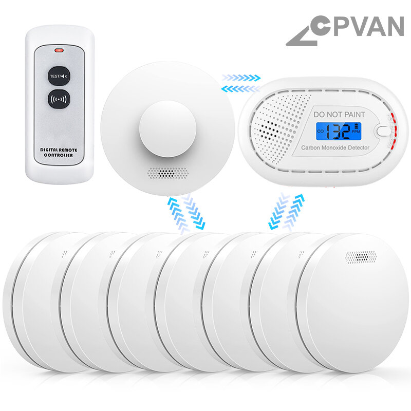 CPVAN-Paquete de alarma de monóxido de carbono, Detector de humo interconectado inalámbrico con Control remoto, protección contra incendios