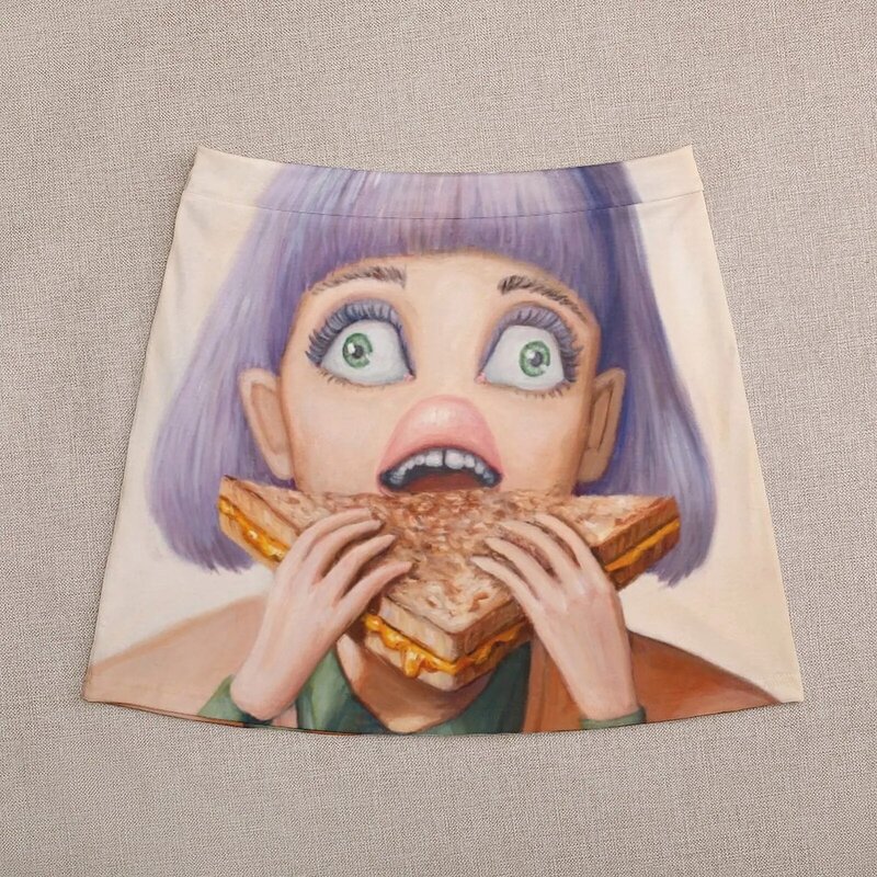 Mini jupe grillée pour femme, peinture de femme mangeant un sandwich par l'artiste Heather Buchanan, robes d'été pour femme, 2023