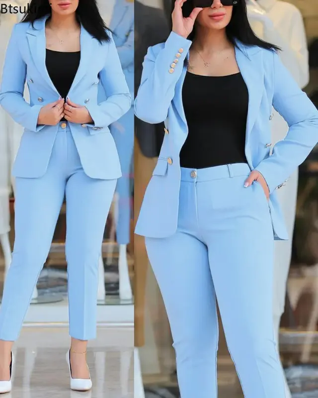 New 2024 Formal Office Pant Sets Women 2PCS Double Breasted Solid Blazers Jacket and Pants Two Pieces Set Female Pant Suits Sets