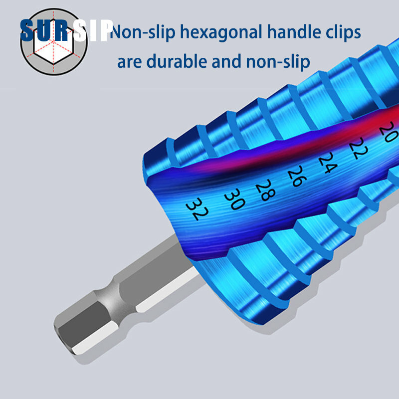 Broca cónica HSS de 4-12mm, 4-20mm, 4-32mm, minitaladro de centro acanalado en espiral de carburo sólido, accesorios de Broca escalonada azul de titanio