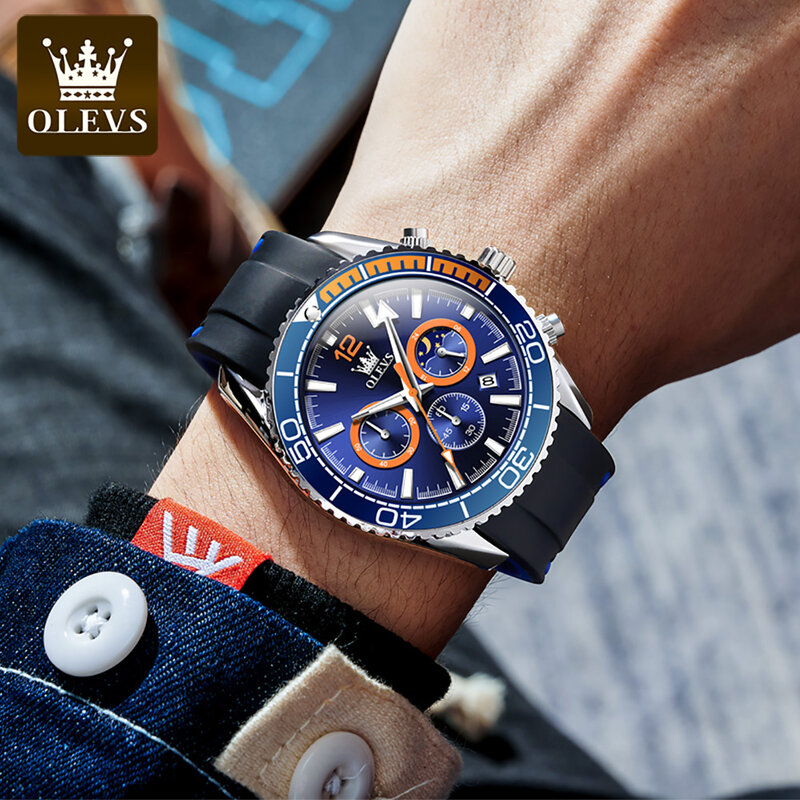 OLEVS modny zegarek kwarcowy dla mężczyzn sportowy pasek silikonowy zegarki męskie duża tarcza faza księżyca wodoodporny świecący zegarek na rękę Reloj