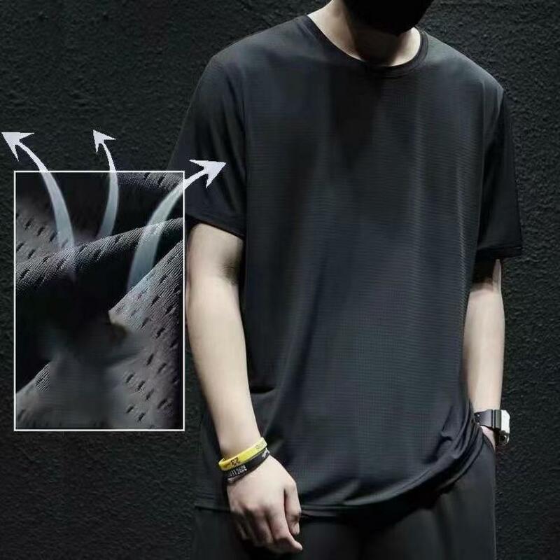 Sports Suit T-shirt Shorts Set Men's Casual O-neck T-shirt Wide Leg Shorts Set in Solid Color Ice Silk Loose Fit for Summer