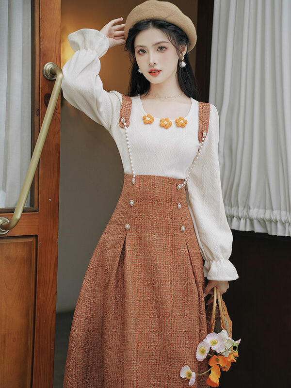 Set pakaian Retro Korea wanita, dua potong pakaian atasan rajut + rantai manik-manik modis