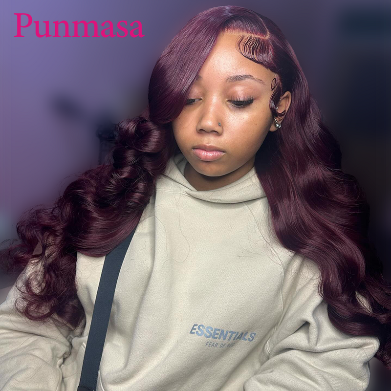 Punzza Wig rambut manusia tanpa lem depan renda 13x6 gelombang badan warna ungu Burgundy gelap 13x4 dapat dipakai untuk menjadi transparan renda Wig 200%