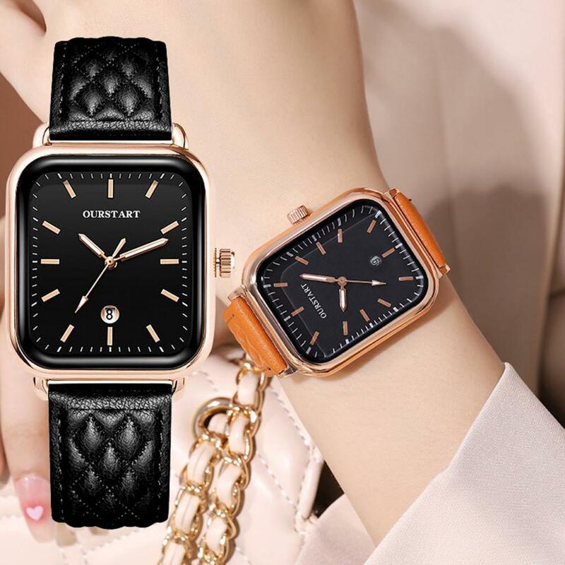 Relógio de quartzo feminino quadrado com textura losango, pulseira de couro sintético ajustável, data display para mulheres, elegante