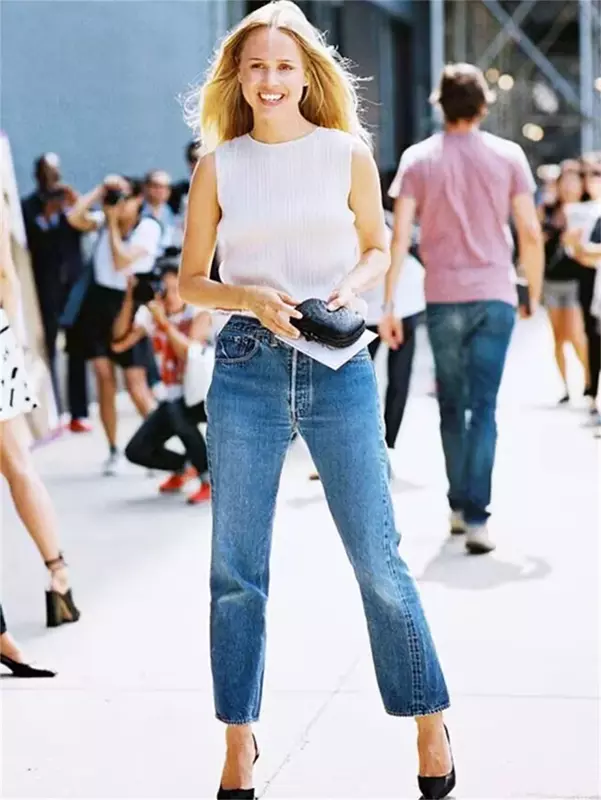 Calça jeans reta de algodão feminina, cintura alta, zíper, jeans com bolsos que combina com tudo, moda verão