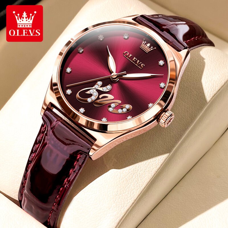 OLEVS jam tangan tali kulit wanita, arloji Quartz berlian mewah merek terkenal tahan air bercahaya untuk perempuan
