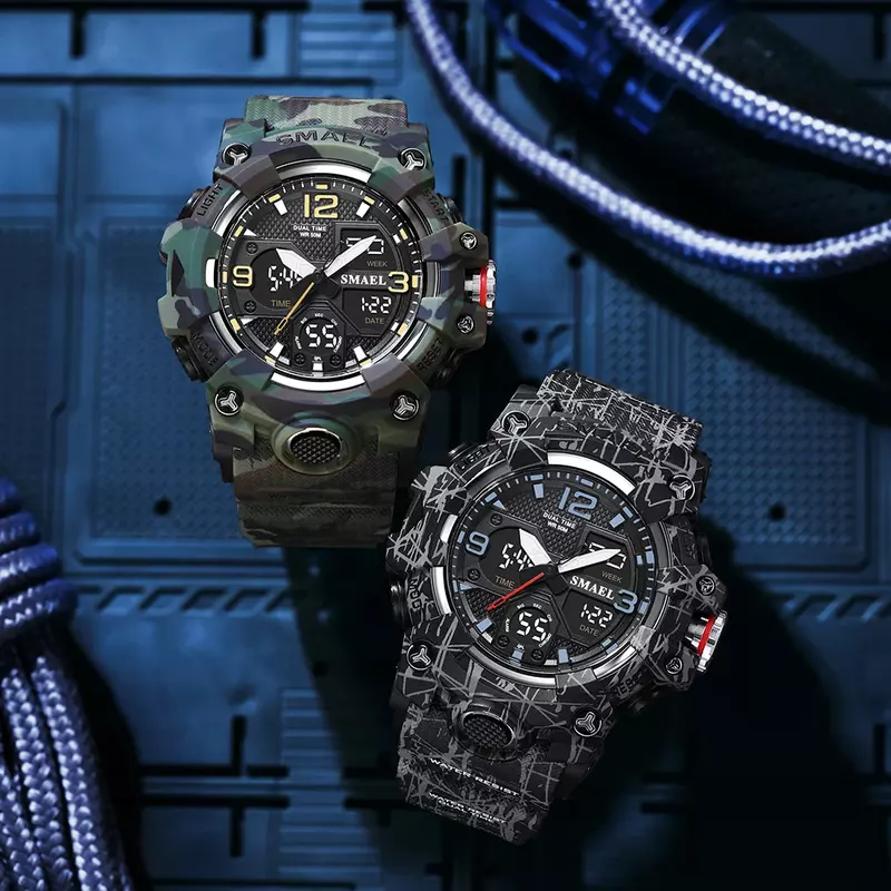 SMAEL-Men's Dual Time Display Digital Quartz Watch, Alarme Esporte Cronômetro, Camuflagem Exército Militar Relógio de Pulso 8008