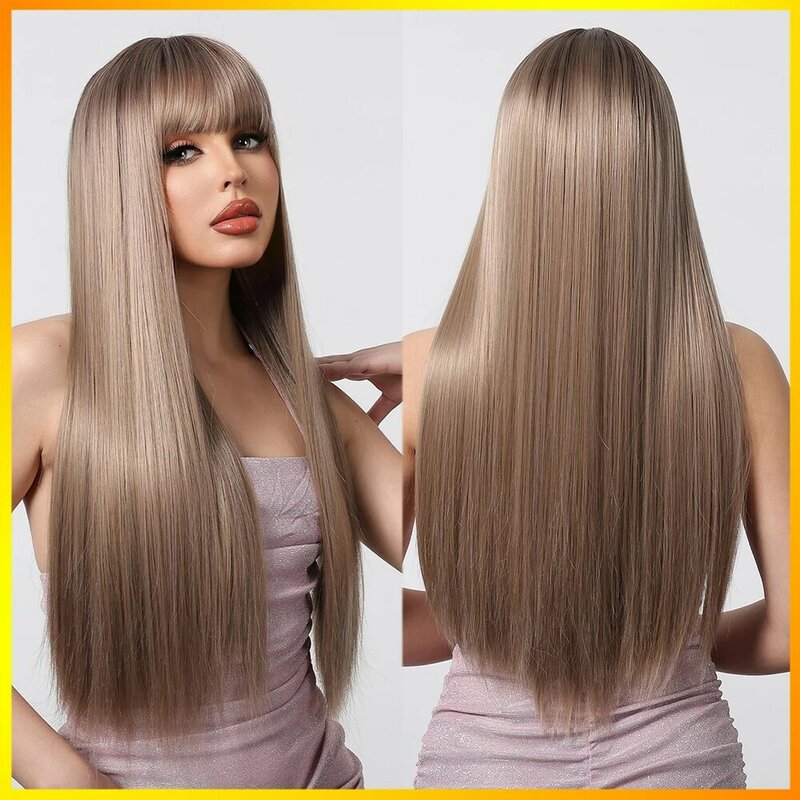 Long Blonde Straight Synthetic Wigs Heat Resistant Light Brown Middle Part Fake Hair with Bangs Natural Brown Daily Party