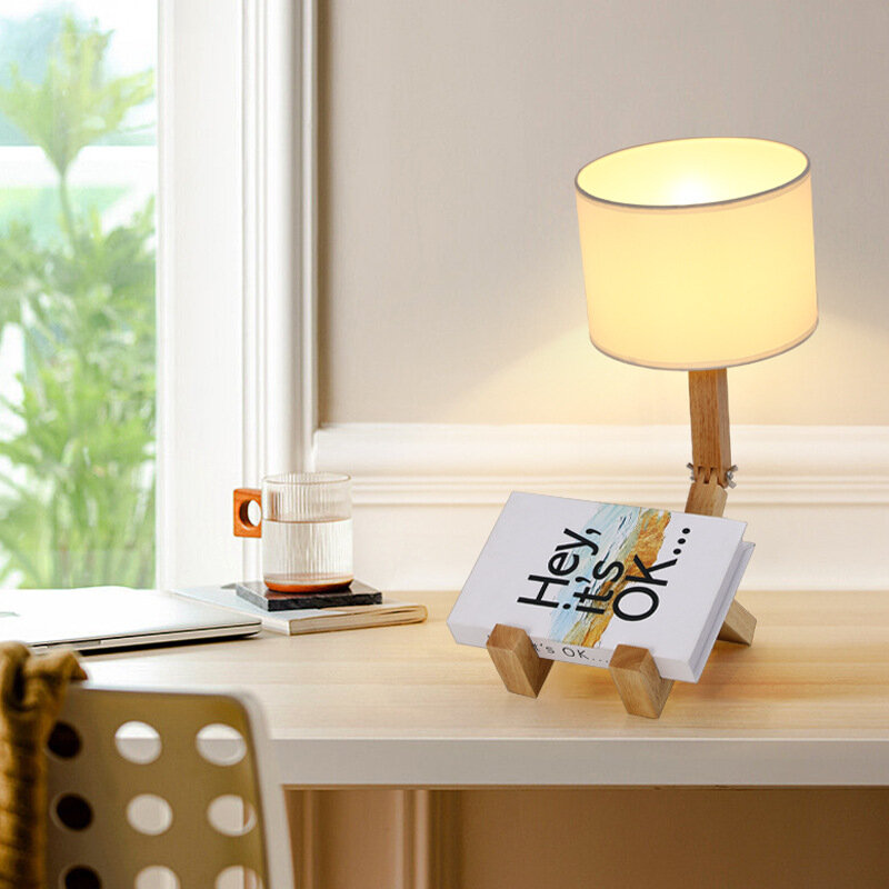 Lampu meja kreatif bentuk Robot kayu, lampu malam Dekorasi Desktop Nordik Modern modis belajar dalam ruangan