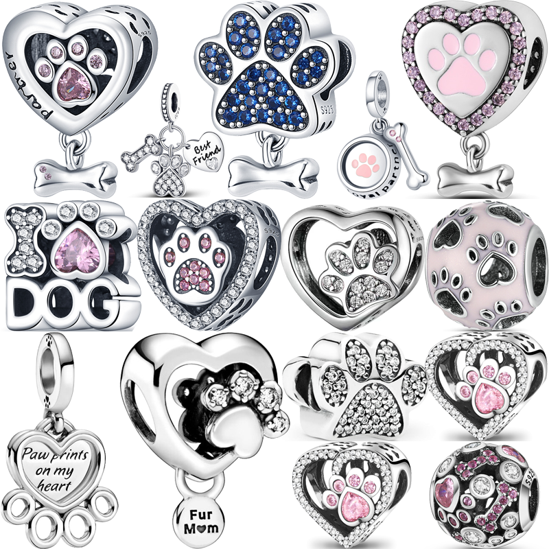 100% 925 Solid Silver White Pink Blue Zircon Animal Paw Print Heart Shiny Beads Fit Original Pandora Charms Bracelet DIY Jewelry
