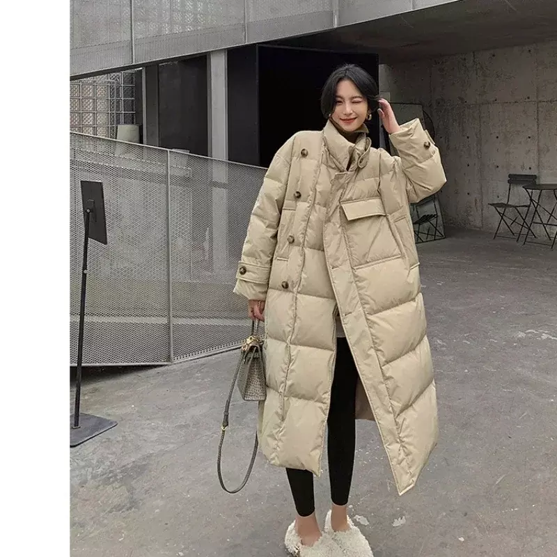 Ветрозащитное пальто с воротником-стойкой, зимняя женская длинная парка на пуговицах с большими карманами, утепленная хлопковая куртка, Корейская пуховая куртка