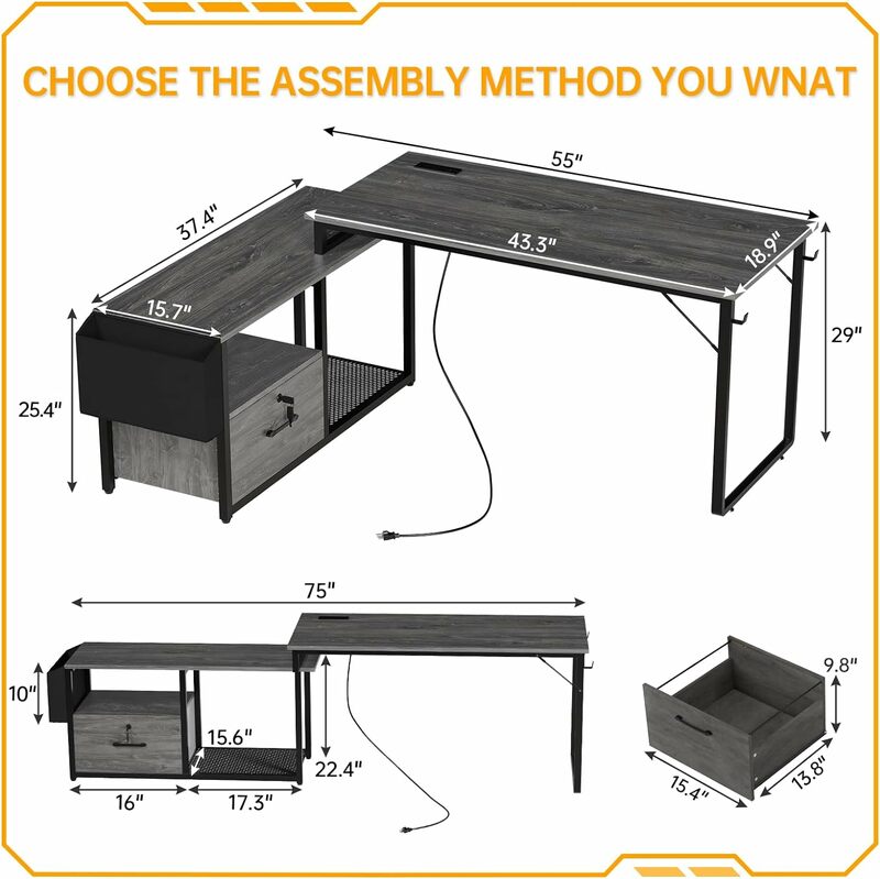 SEDETA meja berbentuk L 55 inci, Meja kantor sudut dapat dibalik dengan laci kunci untuk ukuran hukum/huruf, Meja game dengan lampu LED, Sma