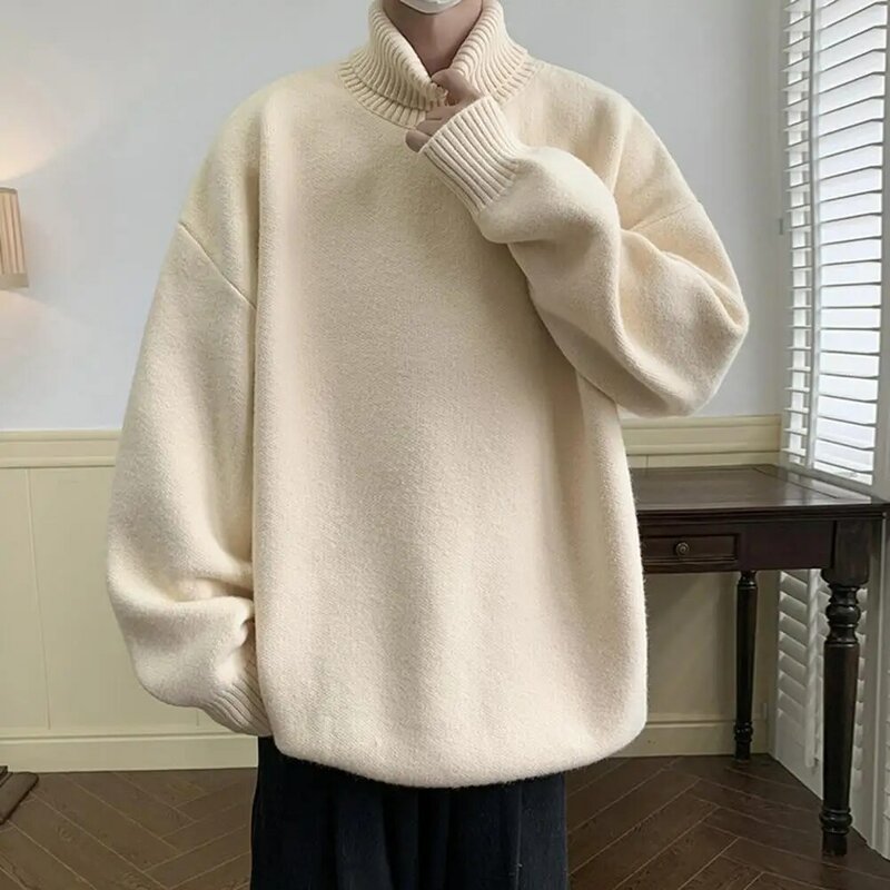 Suéter de gola alta masculino, pulôver de malha quente, macio, espessado, comprimento médio, outono, inverno