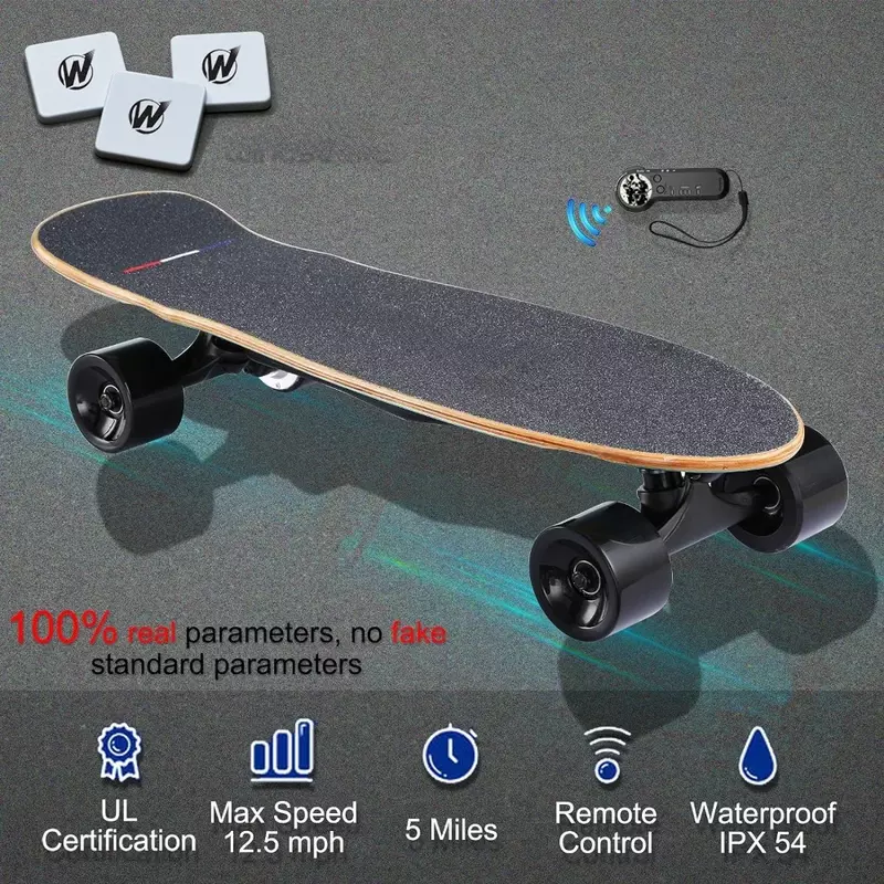 Skateboard listrik, dengan Remote kontrol untuk pemula, 350W Motor tanpa sikat, maks 12.4 MPH, Skateboard listrik