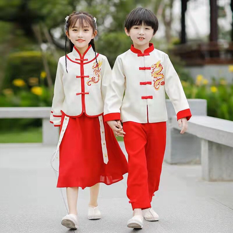 Boy และสาวฤดูใบไม้ผลิฤดูใบไม้ร่วงใหม่ Oriental Dragon Hanfu ชุดสไตล์จีนเย็บปักถักร้อย2ชิ้นประสิทธิภาพบทบาทเล่นเครื่องแต่งกาย