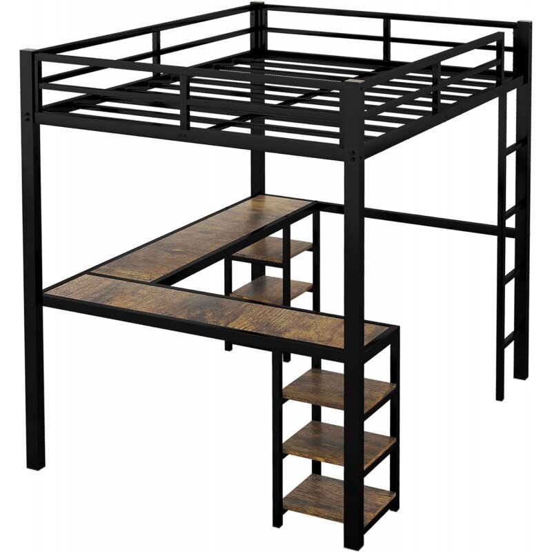 Bellewave full size loft bed with L shaped desk, metal frame loft bed full with storage shelves, heavy duty metal loft bed for k