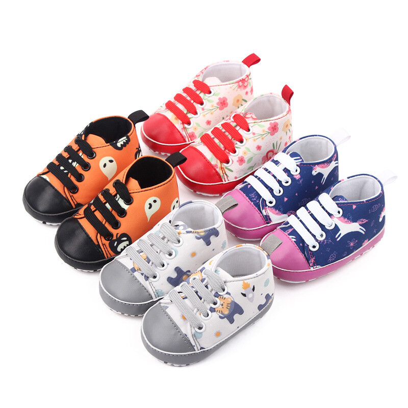 New Baby Sneaker Cartoon Impressão Infantil Lace-up Primeiro Walker Sapatos Recém-nascidos Algodão Casual Soft Sole Item para 0-1 Anos de Idade