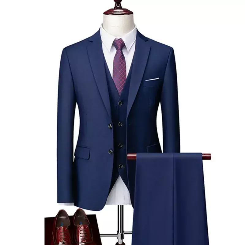 Men Business 3 Pieces Suits Sets / Male Groom Wedding Banquet Solid Color High End Custom Large Size Brand Blazers Jacket Coat