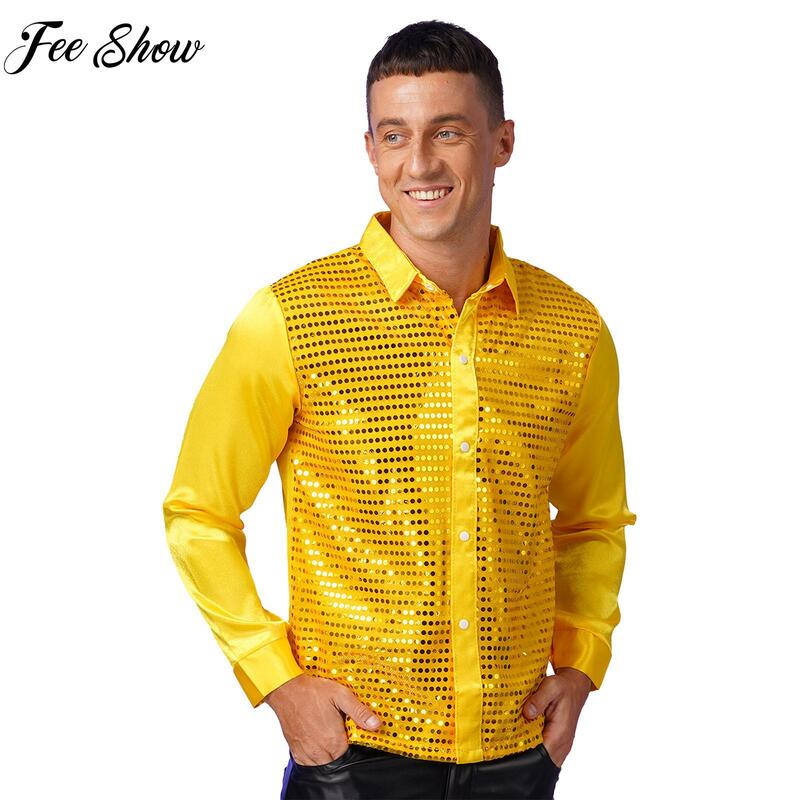 Mens Sparkly Sequin Dance Shirt Latin Jazz Dancewear Stage Performance Costume Turn-Down Collar Long Sleeve Patchwork Tops