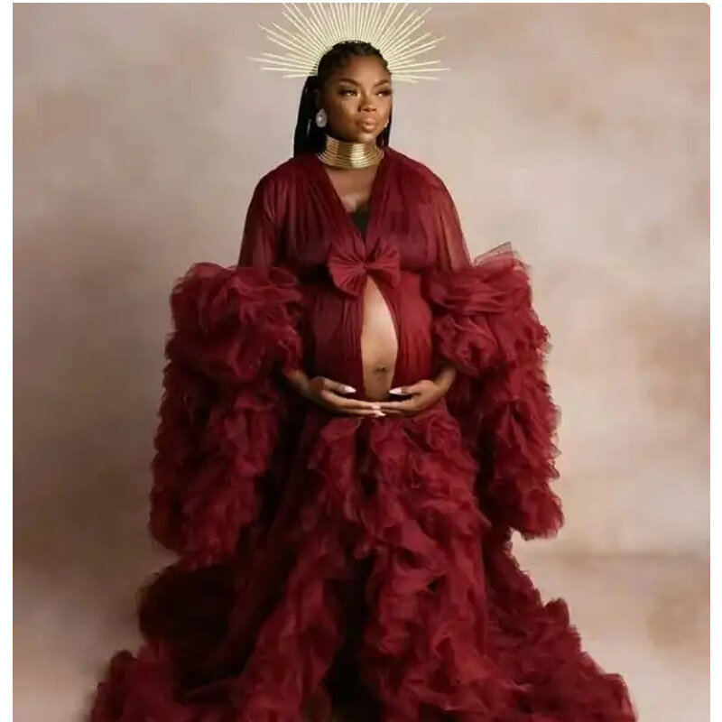 Gaun Ruffled fotografi gaun ekor panjang fotografi Tulle merah untuk pemotretan 3d gaun hamil