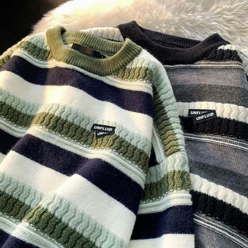 Sweater Pullover lengan panjang untuk pria, Sweater rajut longgar kerah bulat lengan panjang motif bergaris, Sweater malas musim gugur musim dingin