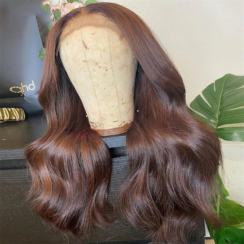 Peluca de cabello humano ondulado para mujer, postizo de encaje Frontal sin pegamento, 13x4, marrón Chocolate, 13x6, HD, 4x4