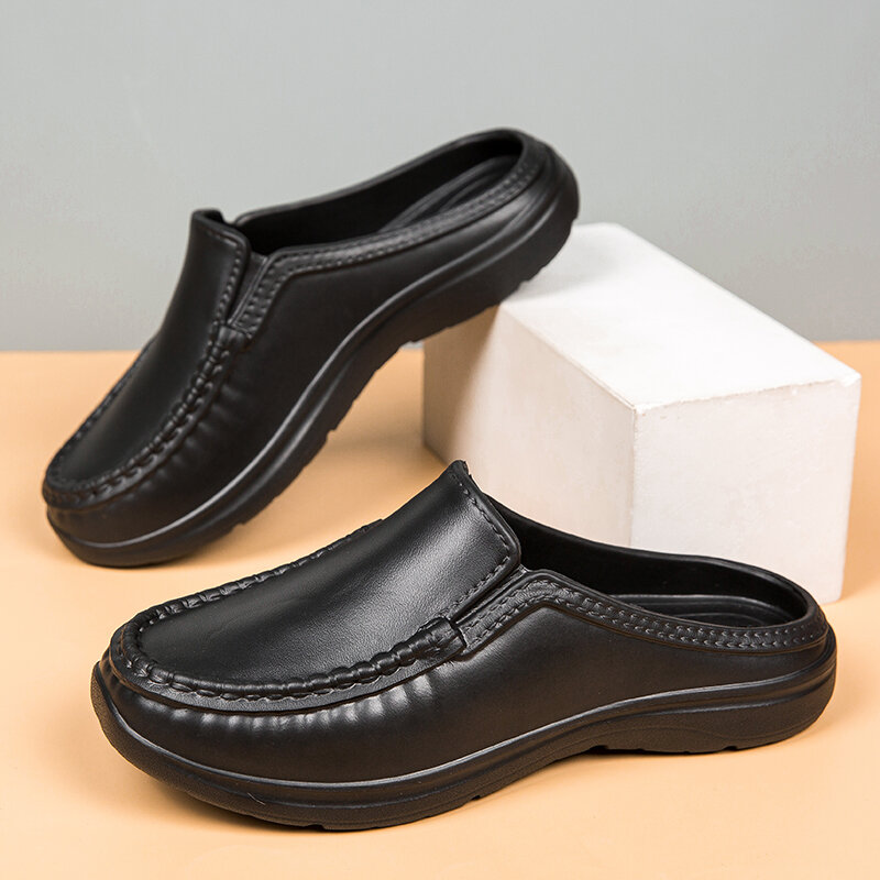 Waterproof Chef Shoes Men Leather Casual Shoes Business Driving Shoes Oil Resistant Comfortable Slip on EVA Black Size 39-46