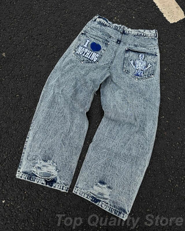 Celana kargo bordir tengkorak longgar celana Jeans pria Harajuku 2023 baru Streetwear pria denim Jeans kaki lebar Amerika Y2k pakaian pria