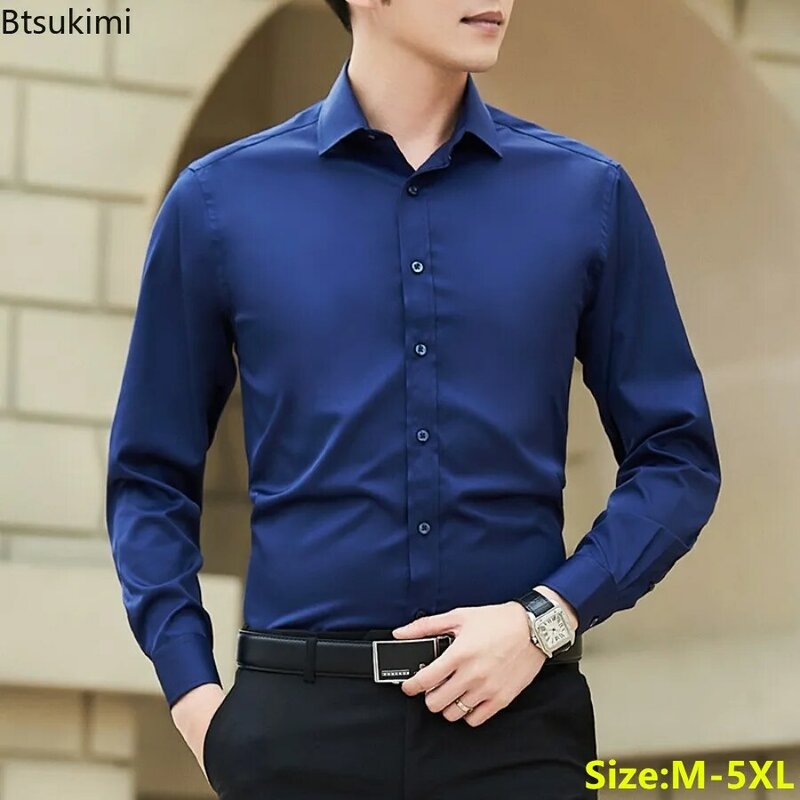 2024 Dress Shirts for Men Fashion Solid Long Sleeve Business Shirt Men's Classic Slim Formal Blouse Large Size 5XL Chemise Homme