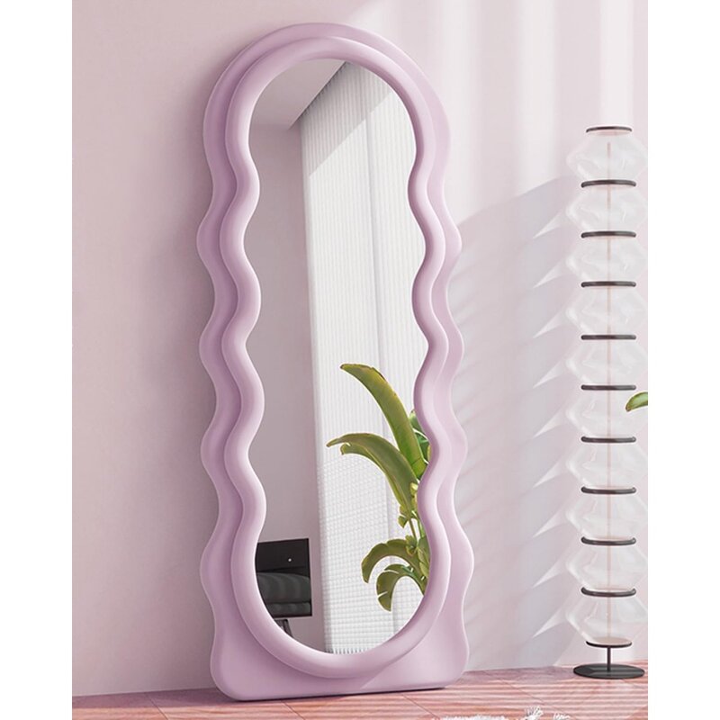 Floor Mirror with Stand, Full Length Mirror Wall Mounted, Full Length Floor Irregular Wavy Flannel Wooden Frame Purple Mirrors