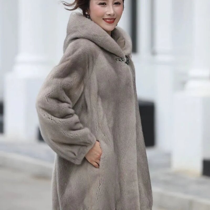 Mantel bulu Mink beludru tebal, mantel bulu Mink pakaian luar ibu usia sedang musim dingin tebal setengah panjang wanita 2023