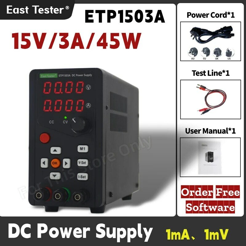 ETP1503A 고효율 단일 채널 4 LED 디지털 디스플레이, 프로그래밍 가능한 DC 조정 전원 공급 장치, 15V, 45W, 3A