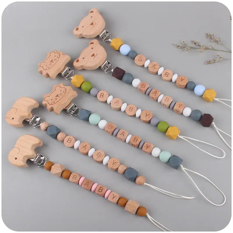 Personalized Name DIY Baby Pacifier Clips Animal Beech Soother Silicone Teethers Dummy Nipple Holder Clip Newborn Teething Toys