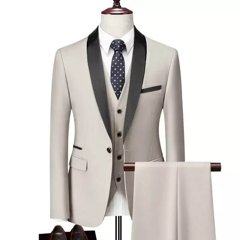 Men's Lapel Black Collar 3 Piece Suit Set Coat Vest Trousers / Business Groomsmen Groom Wedding Dress Fprmal Blazer Pants