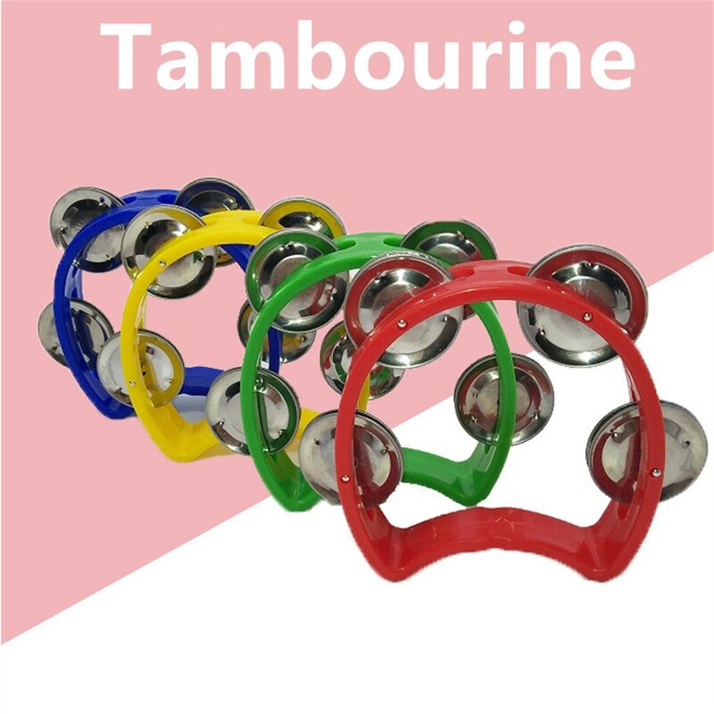 Metalowe dzwoneczki ręczny tamburyn instrument muzyczny zabawka plastikowa grzechotka grzechotka czerwone zabawki żółte o średnicy 10cm metalowe dzwoneczki