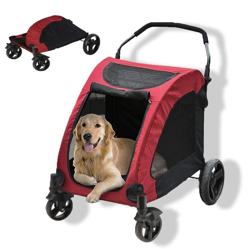 Pet Cart Ventilation Foldable Dog Cart 25 x 31 "Dog Cart with 4 rubber wheels and adjustable handle zipper entrance