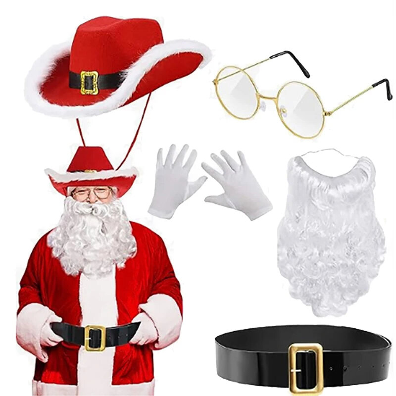 ชุดคอสเพลย์ซานตาคลอสหมวกคาวบอยซานตาคลอสซานตาคลอสเข็มขัดเคราแว่นตาทองสำหรับชุดปาร์ตี้คริสต์มาส5ชิ้น
