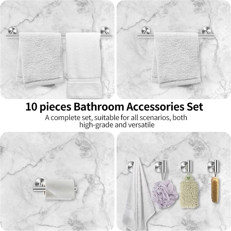 Escovado Níquel Banheiro Hardware Set, Acessórios Do Banheiro, Inclui 24 e 16 "Toalha Bar, Robe Hook, 10Pcs