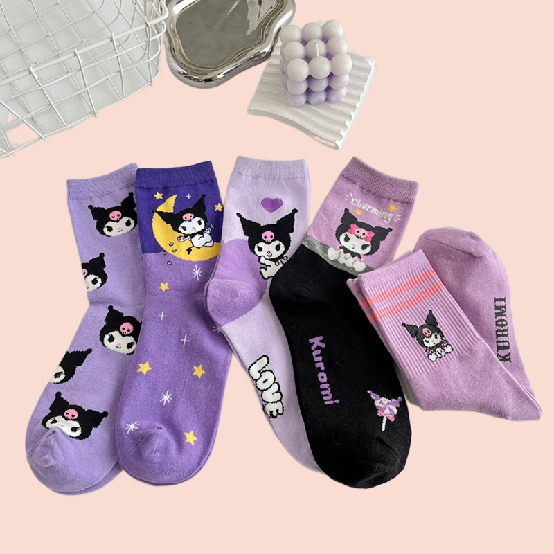 Bas mi-tube en coton peigné violet pour dames, chaussettes de dessin animé, petite sorcière mignonne, 5 paires
