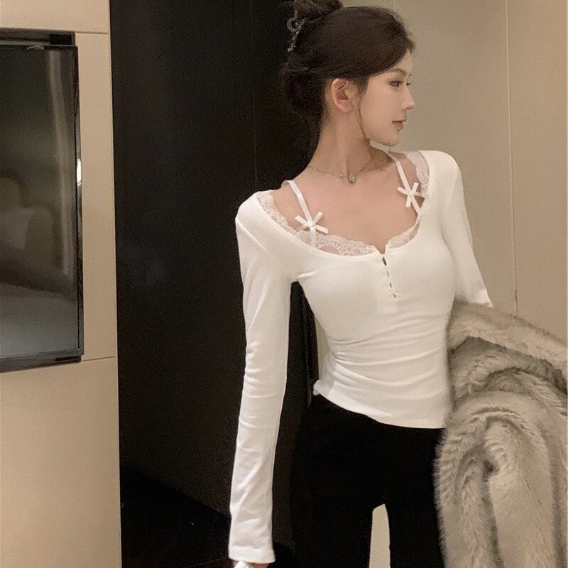 Solide T-Shirts Frauen Frühling sexy Mädchen koreanischen Stil Spitze-Patchwork einfache All-Match Freizeit schlanke gefälschte 2 stücke beliebte Streetwear