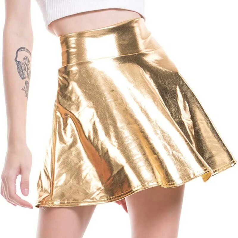 Damen Minirock kurze sexy hohe Taille Falten röcke Frauen solide lässig Silber Gold Mini Laser Frauen Party Club