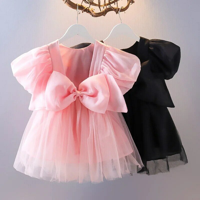 Детское Сетчатое комбинированное платье с большим бантом для девочек, однотонное платье принцессы с короткими рукавами, парчовое платье для девочек с открытой спиной, пышная юбка