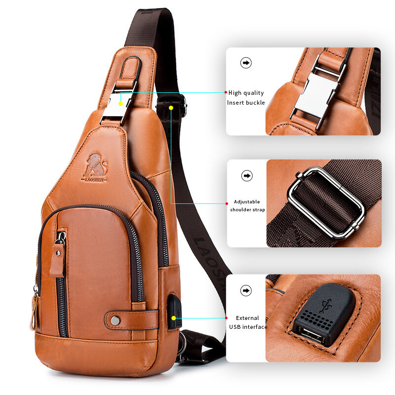 Sac de poitrine en cuir de vachette pour homme, sac à bandoulière décontracté, première couche USB, marron, noir, entreprise initiée unique