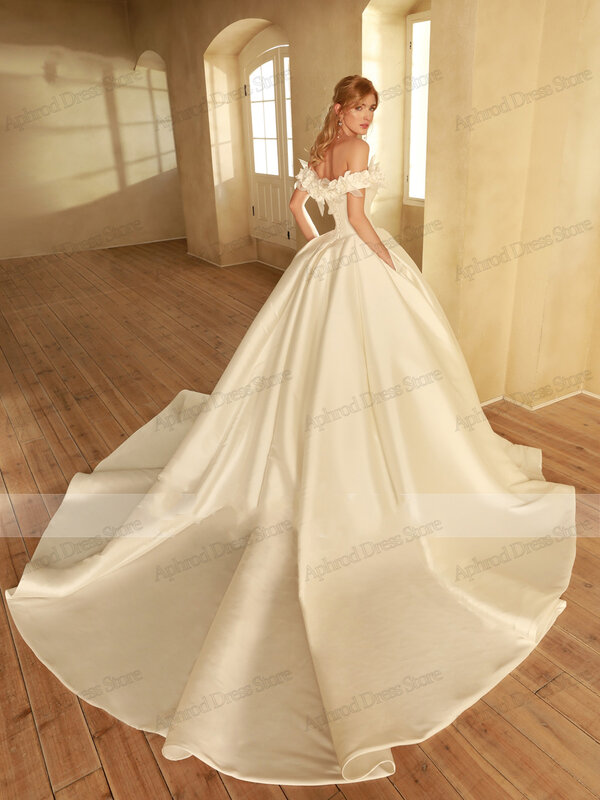 Gaun pernikahan elegan gaun pengantin Satin jubah bahu terbuka untuk pesta Formal 2024 applique bunga gaun pengantin cantik Vestidos De Novia