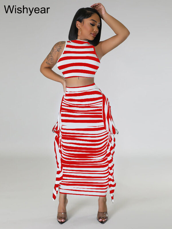 2023 Sexy Sleeveless Tank Top and Ruffles Midi Maxi Long Skirt Dress Sets Women Summer Striped Printed Two 2 Piece Set Outfits