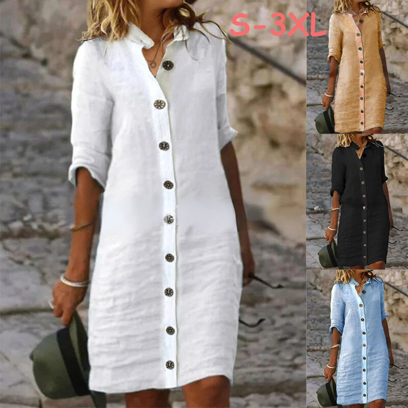 2023 Spring Autumn Womens Dress S-3XL Solid Color Single-breasted Shirt Casual Retro Mid-sleeve Long Elegant Skirt Office Lady