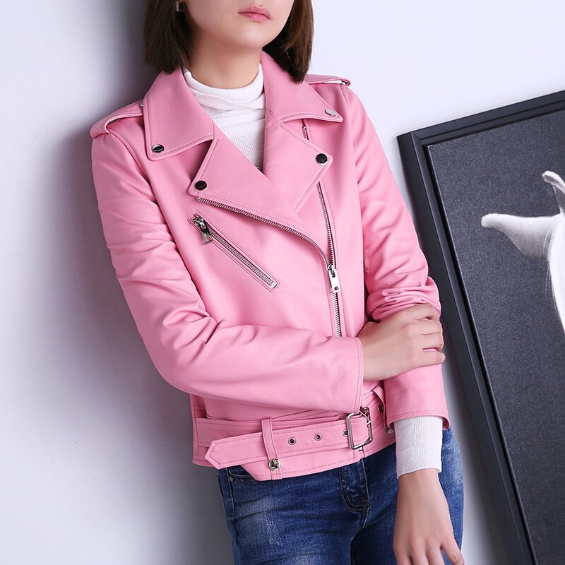 Jaqueta de couro com zíper e cinto feminino, casaco de couro curto bonito de pele de cordeiro rosa, nova, 2024
